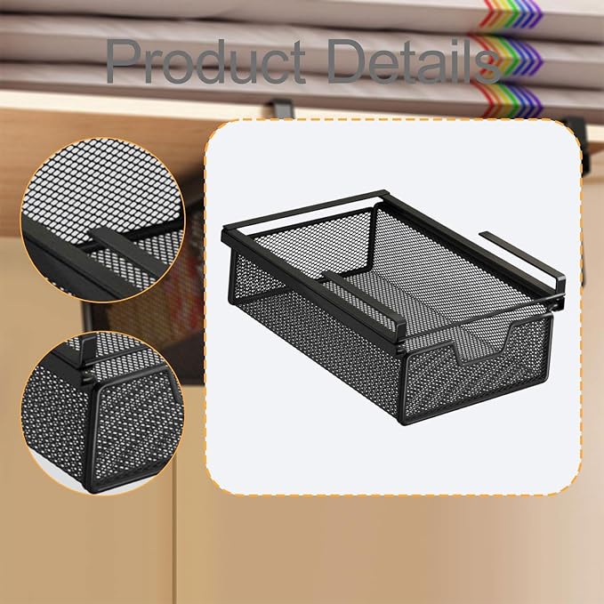 under Shelf Basket Black Decoration Space Saving Portable Hanging Pullout Drawer Basket Organizer for Cupboard Laundry Room, Length 37 cm