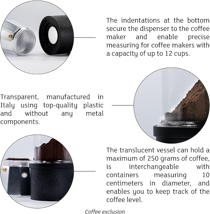 Lavatelli: Pronto Caffè - Black - Coffee Grounds Dispenser for Mocha Pots, Kitchen Jar, Container Preserves Powder Freshness, 1960's Italian Style