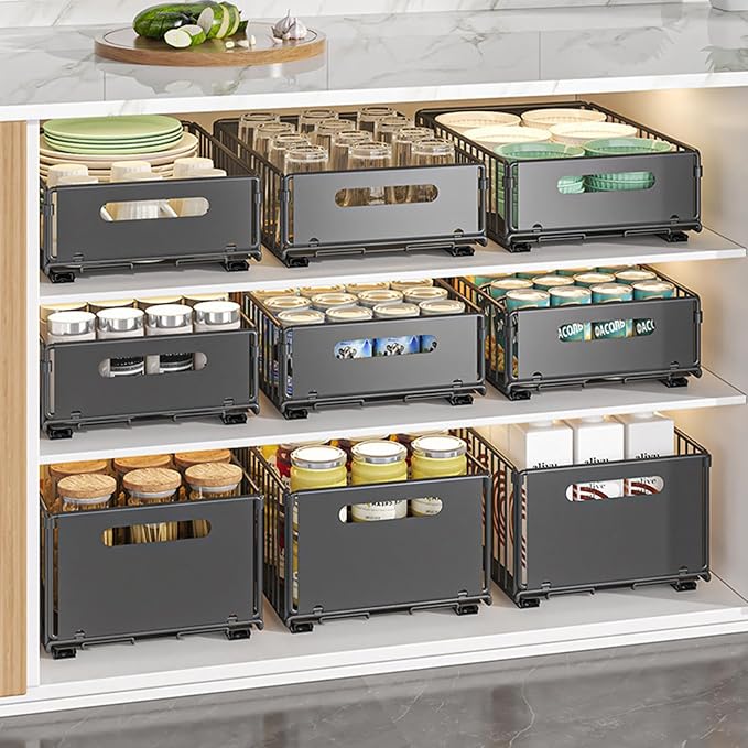 2Pcs Pull Out Cabinet Organizer, Pull out drawers for cabinets with EVA Adhesive Tape, Heavy Duty Sliding Kitchen Organizers and Storage, Suitable for Pantry, Bathroom, Bedroom BlackS