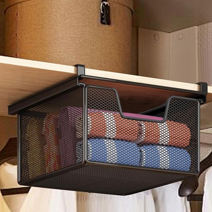 under Shelf Basket Organizer Practical Versatile Black Hanging Holder Storage for Office Cupboard under Desk Wardrobe Counter, Length 46 cm