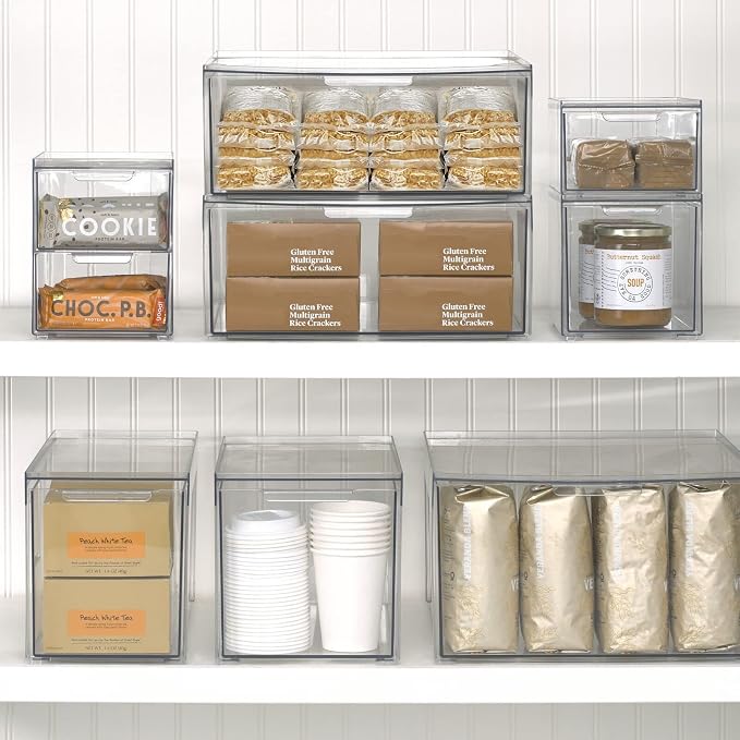 mDesign Kitchen Storage Drawer Box – Plastic Storage Box with Pull-Out Drawer – Pantry, Fridge and Cupboard Storage for Food and Snacks – Pack of 2 – Clear