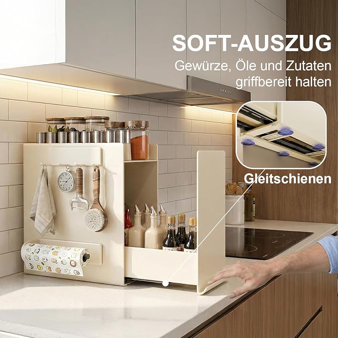 2 Tier No Assembly Pull Out Spice Rack Countertop, Sliding Drawer for Tall Bottles, with Magnetic Panels with Paper Towel Holder and 4 Hooks