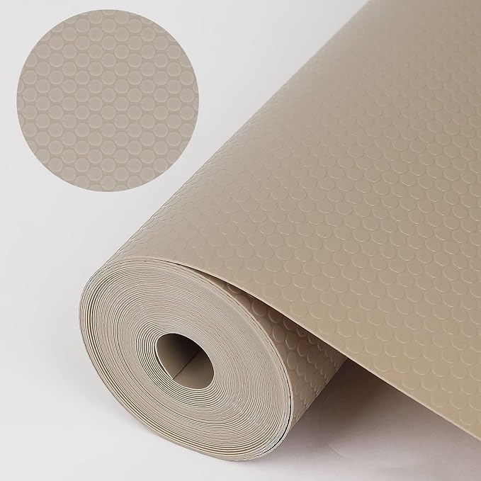 WochiTV Shelf Liner for Cabinets, Drawer 23.6 Inch x 15 Feet, Non Adhesive EVA Plastic Waterproof Protectors Mats for Kitchen, Pantry, Bathroom Closet, Cupboard, Khaki