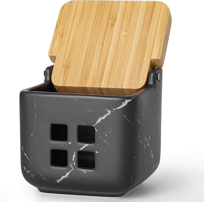 RQYIXI Garlic Container for Counter Ceramic Garlic Keeper Storage Garlic Holder with Lid to Keep Your Garlic Cloves Fresh Longer(Marble Black)