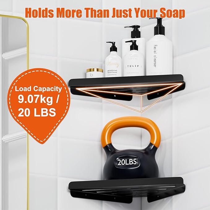 Fikoksol Shower Caddy, 2 Pack Bathroom Corner Shelf, Triangle Shelf Storage for Bathroom Shower, Black Metal Shower Shelf & Rustproof Wall Mounted Adhesive Glue Organizer Accessories and Essentials