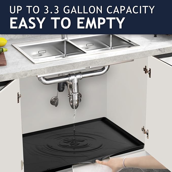 Heavy Duty Silicone Under Sink Mats for Kitchen Waterproof 31" x 22", Extra Thick Under Sink Rubber Mat Drip Tray, Raised Edge Under Sink Liner,Prevent Drips, Leaks, Spills,Black