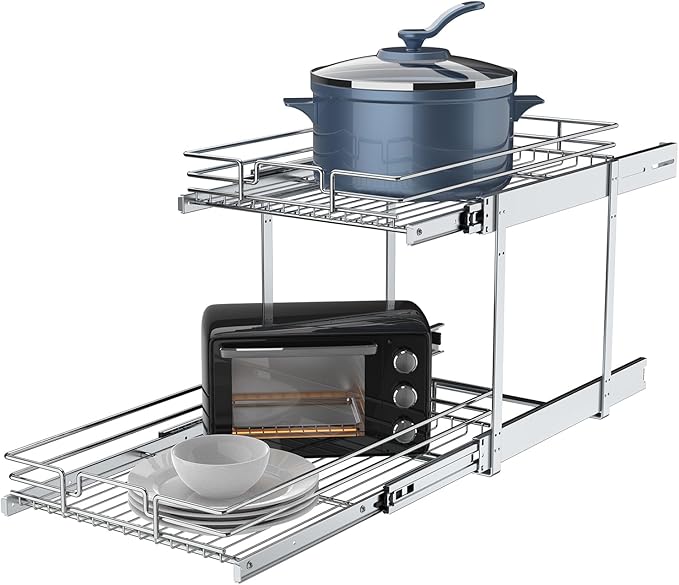 2 Tier Pull Out Cabinet Organizer, 23" W x 21" D Heavy-Duty Metal Sliding Drawer Shelf for Kitchen Cabinets, Chrome, Doesn't Include Door Fittings