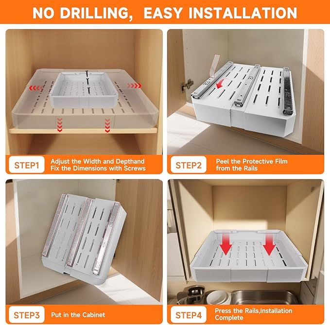 Pull out Cabinet Organizer,Adjustable Width (14"-19") and Depth (17"-24") Expandable,No Drill Slide out Drawers for Kitchen,Pantry,Adhesive Roll out Shelves,for Cabinets Without Lip (white)