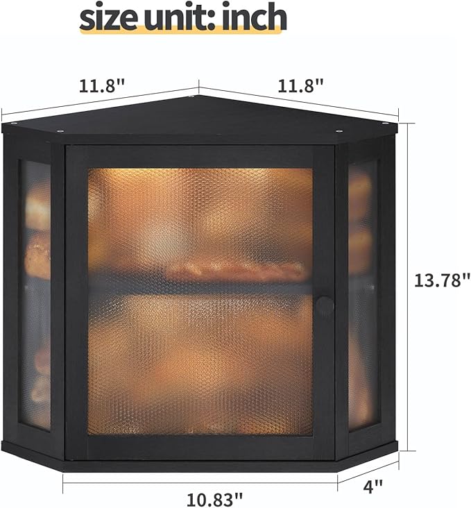 Corner Bread Box for Kitchen Countertop,Bread Storage for Homemade Bread, Double Layer Large Bamboo Kitchen Storage Bin with Window (Black, Medium)