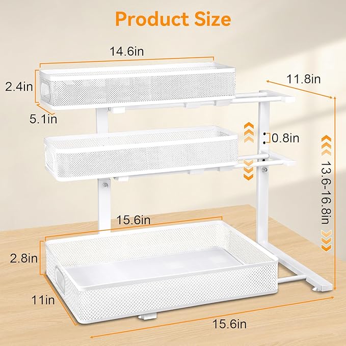 Under Sink Organizer for Bathroom, 3 Tier Adjustable Height Under Sink Storage, Sliding Pull Out Cabinet Organizer Shelf, Metal Multi-Purpose Cabinet Organizer for Kitchen (2 Pack, White)