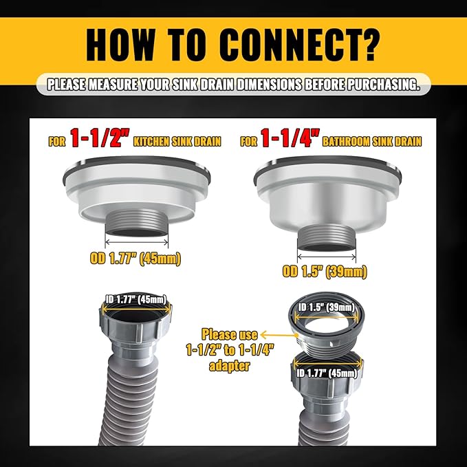 VIVIDA Sink Drain Pipe 1-1/2", Flexible Drain Pipe, 7.5"-17.7" Expandable Flexible P Trap for Bathroom and Kitchen, Under Sink Plumbing, 1-1/4" Adapter Included, Gray, 1 PACK