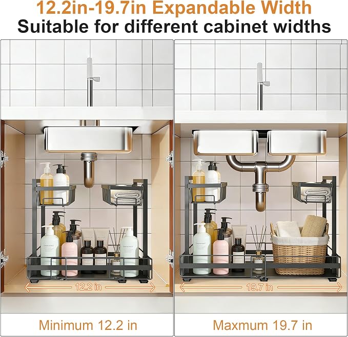 Under Sink Organizer, 1 Pack 2-Tier Expandable Pull Out Storage with Ball-Bearing Slides, Height Adjustable for Kitchen Bathroom Cabinet, Black