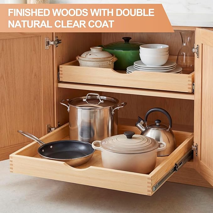 Sintuff 4 Pack Wooden Pull out Tray Cabinet Organizer Gentle Close Roll out Shelves for Kitchen Cabinets Fully Assembled Slide Pantry Shelves (26'' X 21'')