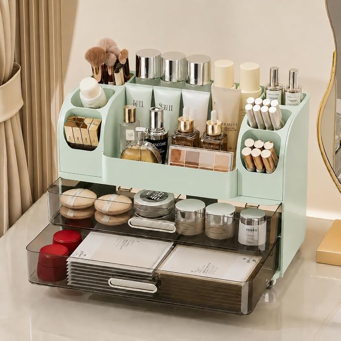 Makeup Organizer with 2 Drawers, Cosmetic Display Case, Storage Holder for Vanity, Bathroom Counter, Desk, Beauty Supplies (Green)