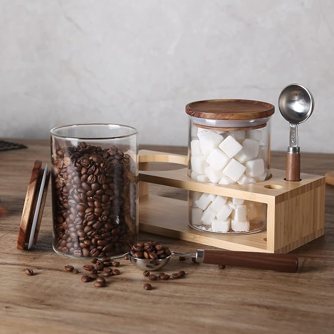 KKC Airtight Loose Leaf Tea Canister Set with 2 Spoons - 25 fl oz Glass Tea Storage Jars with Bamboo Lid and Rack, Elegant Countertop Tea Station Organizer for Matcha, Chai & Herbal Tea
