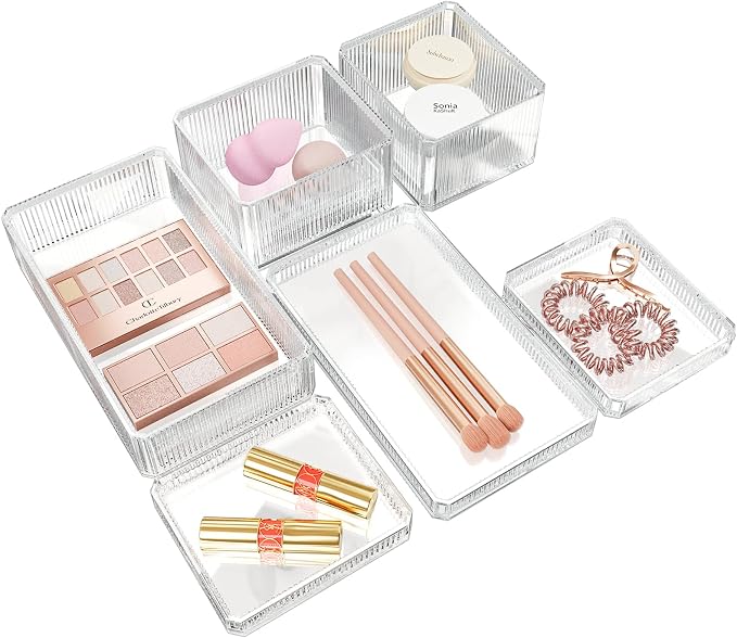 Lolalet Stackable Drawer Organizer for Makeup, Multi-size Clear Plastic Makeup Drawer Organizer Trays Bathroom Vanity Storage Bins and Office Desk Drawer Dividers -6 Pcs