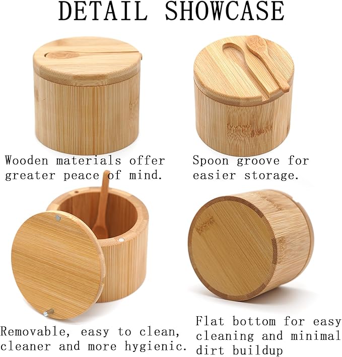 Bamboo Salt Cellar Set of 4 with Magnetic Swivel Lid & Spoon, Salt and Pepper Storage Container, Kitchen Countertop Organizer for Spices, Herbs