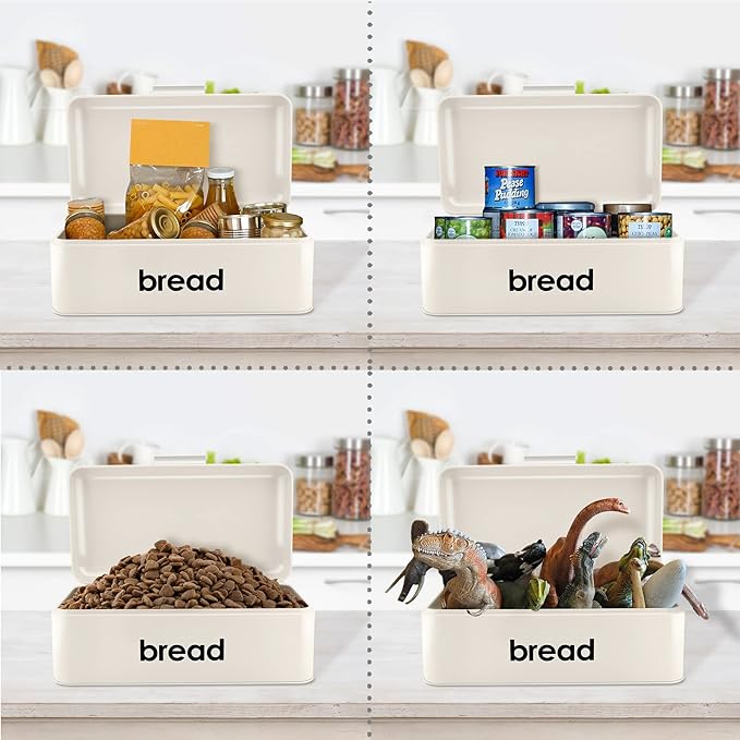 E-far Vintage Bread Box for Kitchen Countertop, Cream Metal Bread Storage Container Retro Bread Bin for Pastries/Loaves/Dry Food, Large Capacity & Modern Design (16.7” x 9” x 6.4”)