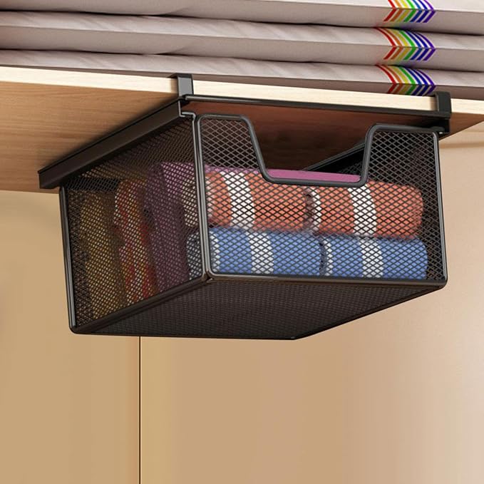 under Shelf Basket Black Decoration Space Saving Portable Hanging Pullout Drawer Basket Organizer for Cupboard Laundry Room, Length 46 cm