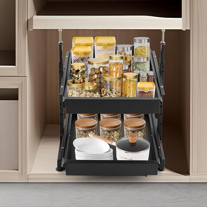 2-Tier Pull Out Cabinet Organizer, Slide Out Drawers with 2 Guide Rails, No Drill Pull Out Drawers Cabinets Shelves for Home Kitchen Pantry (Black)