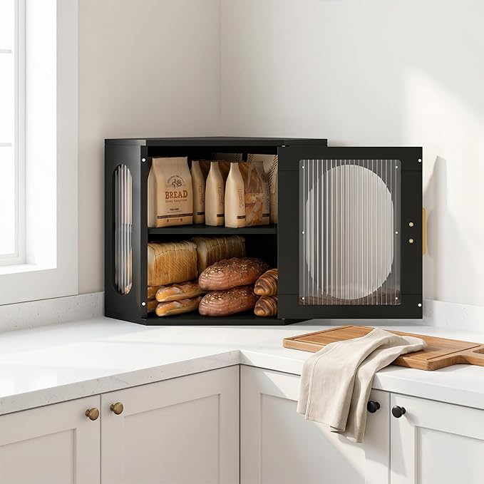 Alpeir Corner Bread Box for Kitchen Countertop, Thick Pine Wood Keep Freshness Longer, Adjustable Farmhouse Bread Storage Container with Window & Deli Papers for Homemade Bread, Baked, Black