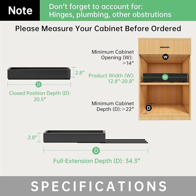 Pull out Cabinet Organizer, 1 pack, 20.5" Deep Heavy Slide out Drawers, Upgrade Three Triple-Slide Rail Systems, Expandable 12.8"-20.8" Roll out Shelf Storage for Kitchen Base Cabinet Organization