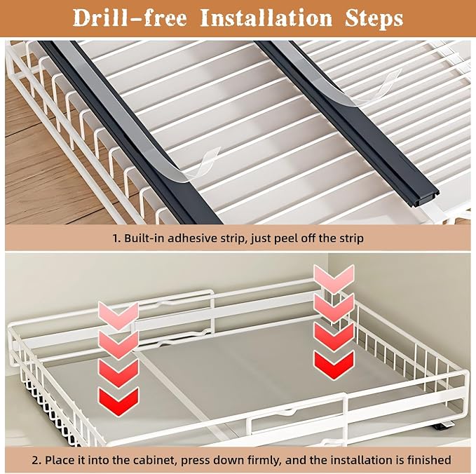 2-Pack Pull Out Cabinet Organizer, Adjustable Expandable 3-Slide Rails Drawers, No Drill Adhesive Cupboard Storage Shelf for Kitchen, Pantry, Living Room, Bathr(Color:Black 2 Pack (1 Large + 1 Small))