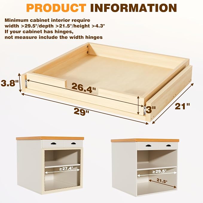 Pullout Cabinet Organizer, 29''W×21''D×3''H Slide Out Shelves for Kitchen Cabinets, Pull out Drawers for Kitchen Cabinets, Pantry, Bathroom, & Storage Organization