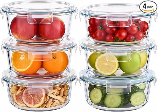 8 Pcs Round Glass Containers with Lids Airtight 4 Cup Glass Storage Containers Set Meal Prep Containers for Soup Leftover Microwave, Dishwasher, and Freezer Safe (6pc)