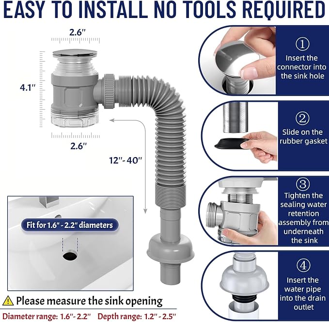 Bathroom Sink Drain Kit with Flexible Expandable Pipe: Odor-Free & Backflow-Preventing, Space-Saving Design without a P-trap, For 1-1/4'' & 1-1/2'' Drain Hole (Black, With Overflow)