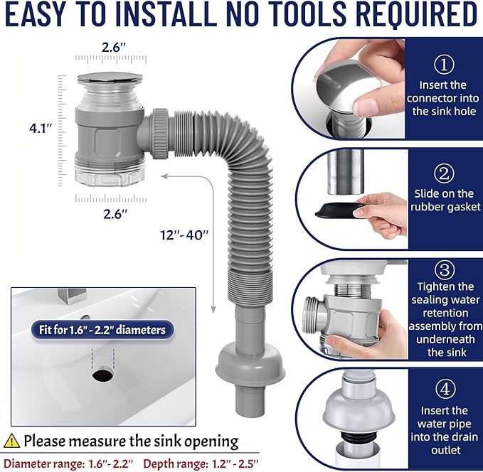 Bathroom Sink Drain Kit with Flexible Expandable Pipe: Odor-Free & Backflow-Preventing, Space-Saving Design without a P-trap, For 1-1/4'' & 1-1/2'' Drain Hole (Black, Without Overflow)