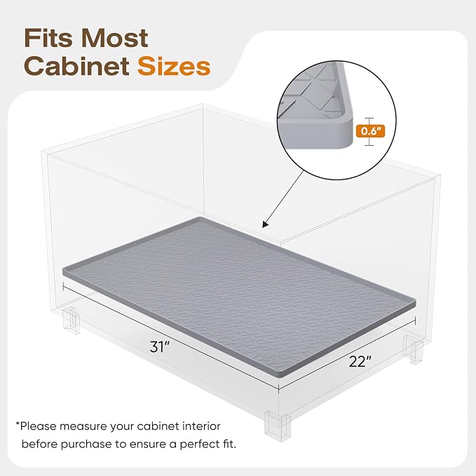 TRZZ Silicone Waterproof Under Sink Mat 31" x 22", Drip Tray and Cabinet Liner for Kitchen and Bathroom, Prevents Water Damage and Organizes Cabinets (Light Grey)