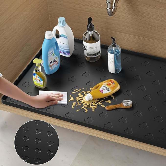 Under Sink Mat 34" x 22" Waterproof Kitchen Cabinet Mat, Flexible Under Sink Liner, Kitchen Bathroom Cabinet Mat Protector for Drip Leak Spill (Black)