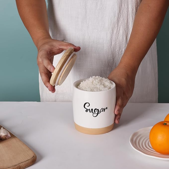 LEETOYI Ceramic Food Storage Containers with Lid,Modern Farmhouse Kitchen Decor, Countertop Food Storage Caddy Organizer, 33oz (Labeled Sugar)