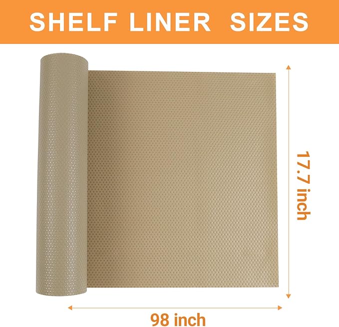 FLPMIX Shelf Liners for Kitchen Cabinets: 17.7" Wide Waterproof Non-Adhesive Drawer Liner - 17.7" x 96" Khaki Easy to Cut Cupboard Mat for Pantry Shelves