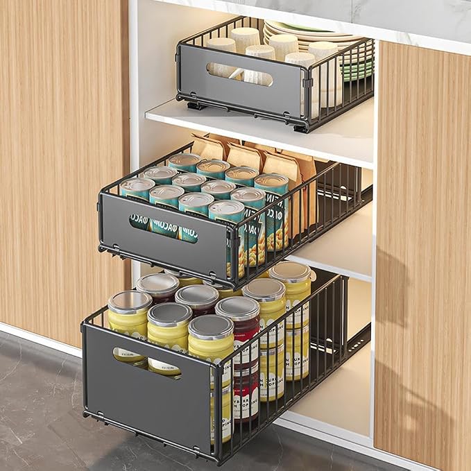 Pull Out Cabinet Organizer 2 Pack, Slide Out Drawers for Kitchen & Bathroom Cabinets, No Drilling,Peel and Stick, Heavy Duty Storage Shelves, Black (9.65" w x 14.76 d x 7.48" h)