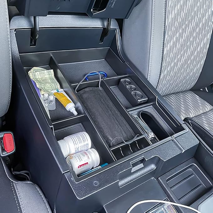 Center Console Organizer Compatible with 2014-2017 2018 2019 2020 2021 Tundra Accessories, Crewmax Interior Armrest Underseat Storage Box- Full-coverage Insert Tray, Black Trim