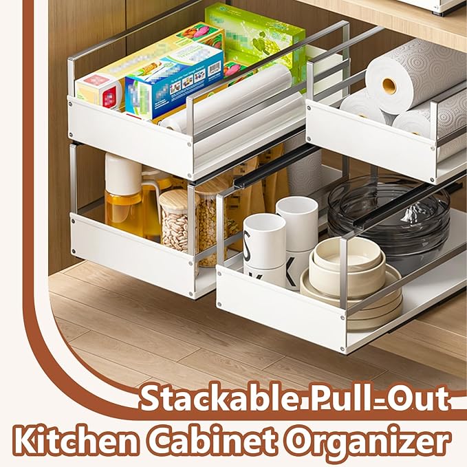 Pull Out Cabinet Organizer with Adhesive Nano Film, Heavy Duty Slide Out Pantry Shelves Drawer Storage, Metal Under Sink Organizers for Bathroom, Kitchen (White,11”W x 16.54”Dx 6.3”H)