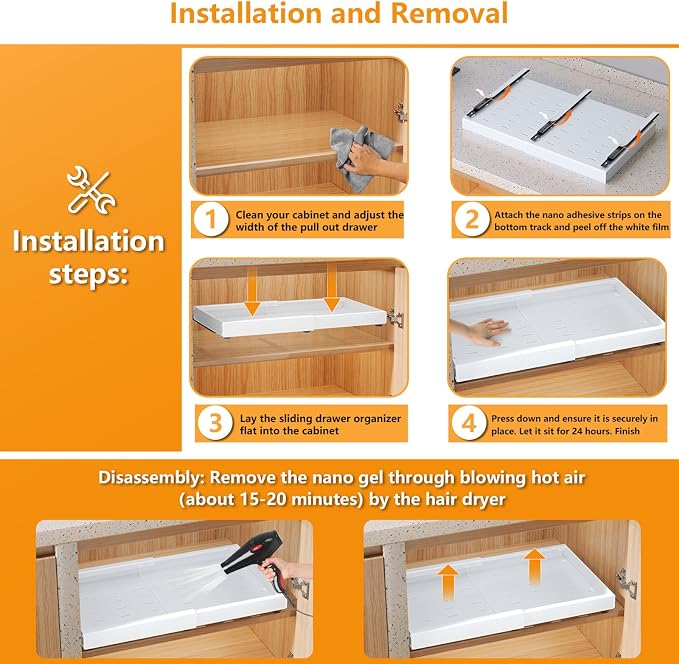 Pull Out Cabinet Organizer 21" Deep 2 Pack Heavy Duty Expandable(12.6"-21.3") Pull Out Drawers for Cabinets with Adhesive Adjustable Slide Out Drawers Roll Out Shelves for Kitchen Pantry Bathroom