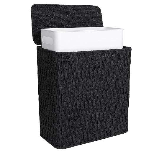 iEGrow Paper Rope Trash Can,Bathroom Trash Can with Lid, 3 Gallon Wicker Waste Basket with Removable Liner, for Bedroom, Living Room, Toilet, Under Sink Black