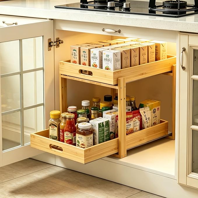 Under Sink Organizer and Storage - 2-Tier Bamboo Kitchen Cabinet Shelf with Adjustable Levels, Undersink Organization Slide Out for Bathroom Cabinet Pantry