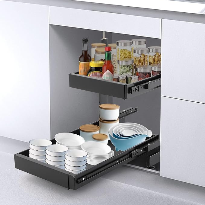Cabinet Drawers Slide Out, 2 Tiers Expandable Pull out Cabinet Organizer No-Drilling, Slide out Drawers for Kitchen Cabinets Bathrooms, Laundry Rooms, Garages (Black)