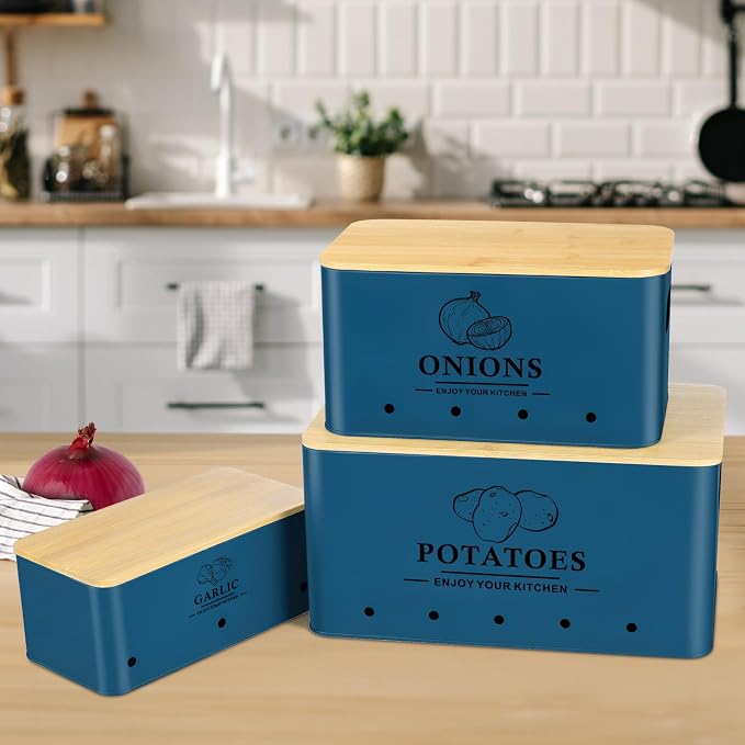 Kitchen Vegetable Storage Set of 3, Metal Onion Garlic Potato Storage Set, Kitchen Canisters Vegetable Keeper Containers with Aerating Holes and Wooden Lid (Dark Blue)