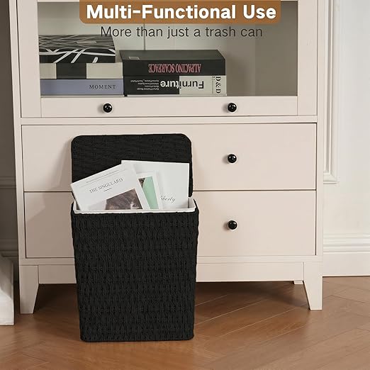iEGrow Paper Rope Trash Can,Bathroom Trash Can with Lid, 3 Gallon Wicker Waste Basket with Removable Liner, for Bedroom, Living Room, Toilet, Under Sink Black