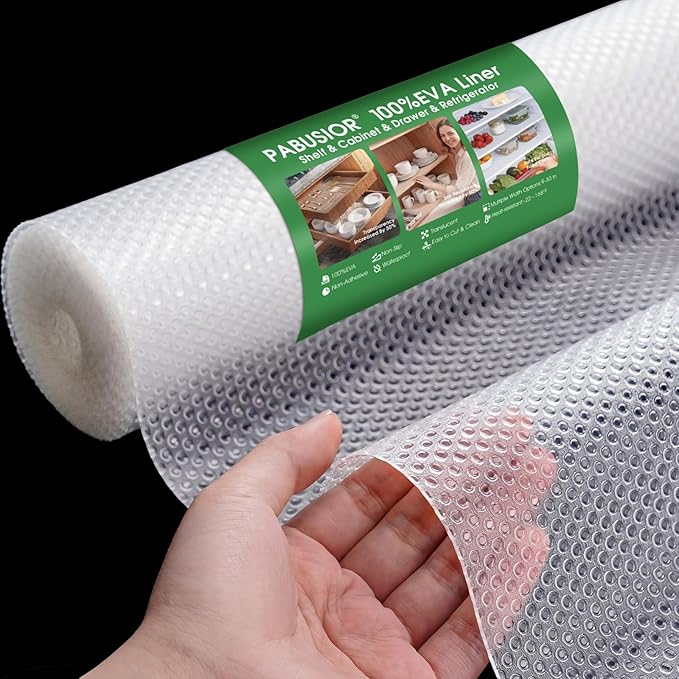 PABUSIOR Cabinet Drawer Liners Clear: Non Slip 100% EVA Multiple Wide Cupboard Mats 11" x 240" - Non-Adhesive Waterproof Kitchen Refrigerator Shelf Liner for Pantry Shelves Bathroom