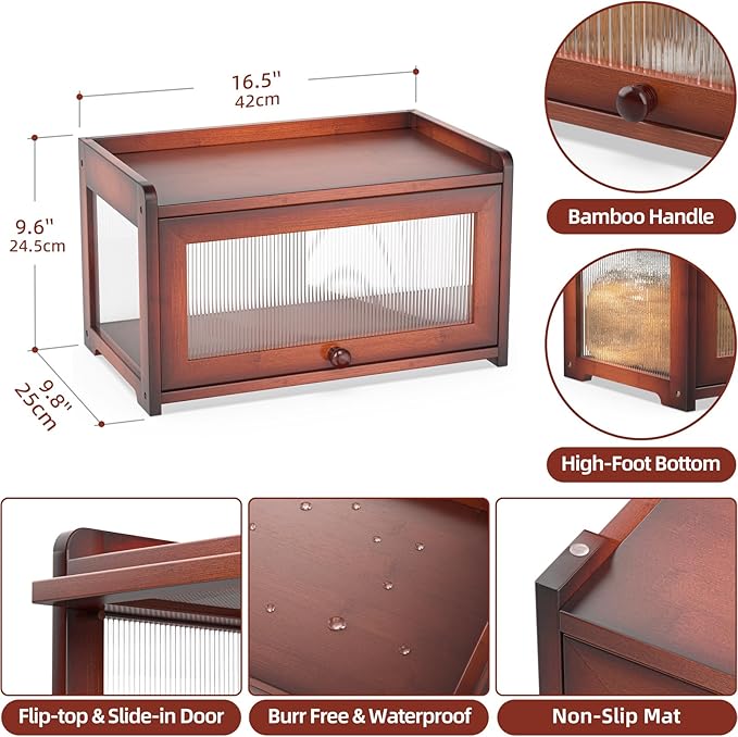 BAMBANG Bamboo Bread Box for Kitchen Countertop, Extra Large Farmhouse Bread Box with 4-Side Clear Panels, Wooden Bread Storage Container for Homemade Bread, Brown