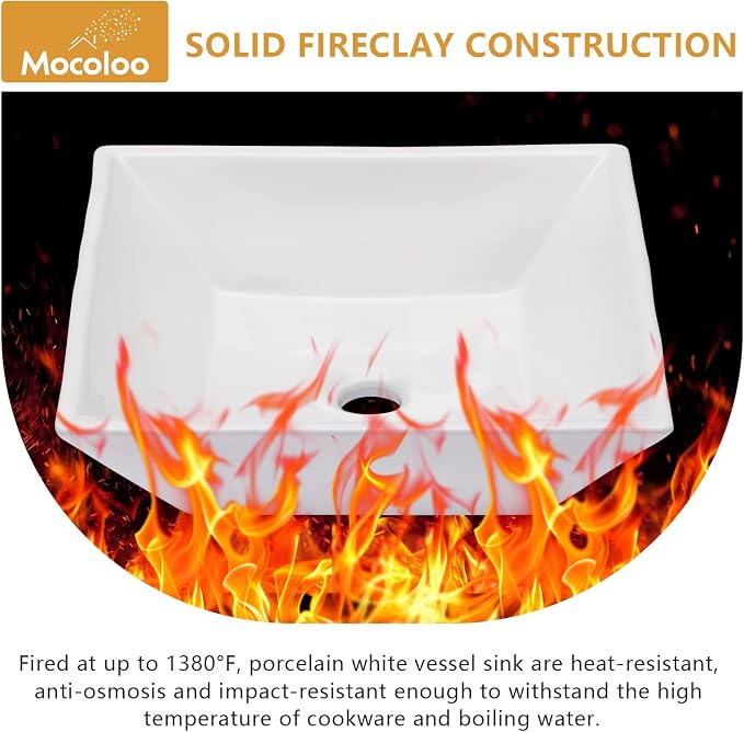 Mocoloo White Vessel Sink 16 x 16 Inch Square Ceramic Bathroom Sinks Above Counter Porcelain Vanity Top Sinks Square Countertop Modern Bathroom Sink 16 Inch Single Art Basin