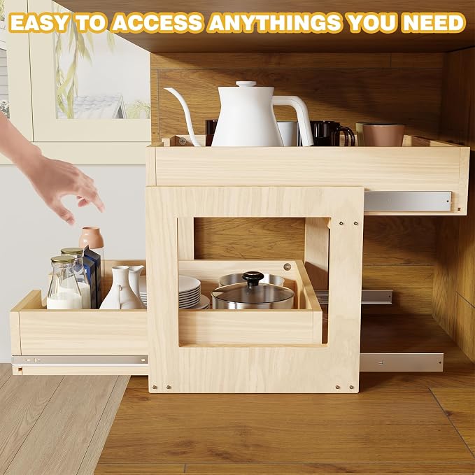 Pull Out Cabinet Organizer, 14''W×21''D×16''H Soft Close Slide Out Wooden Pull out Drawers, Double Tier Slide out Wood Cabinet Organizer, for Base Cabinet Organization in Kitchen, Pantry, Bathroom