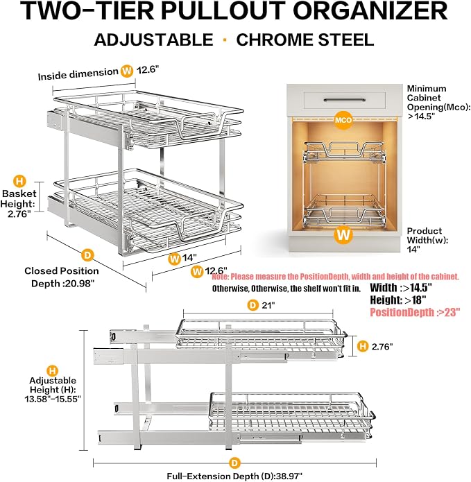 2-Tier Kitchen Cabinet Pull Out Shelf and Drawer Organizer Slide Out Pantry Storaqe Basket in Multiple Sizes (14" W x 21" D)
