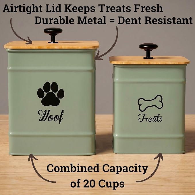 Dog Treat Container Airtight Set of 2 - 8x6 & 7x5 inch Iron Dog Treat Jars for Kitchen Counter with Airtight Bamboo Lids - 20 Cup Capacity Pet Treat Container Set - Doggie Cookie Jar - Treats Canister